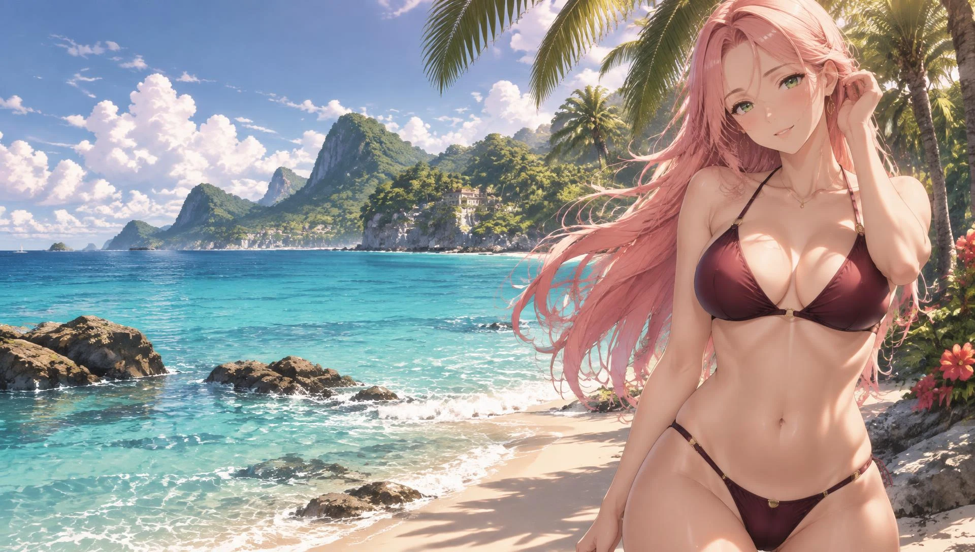 Luna, an adult pink-haired anime companion beside a turquoise sea and palm trees