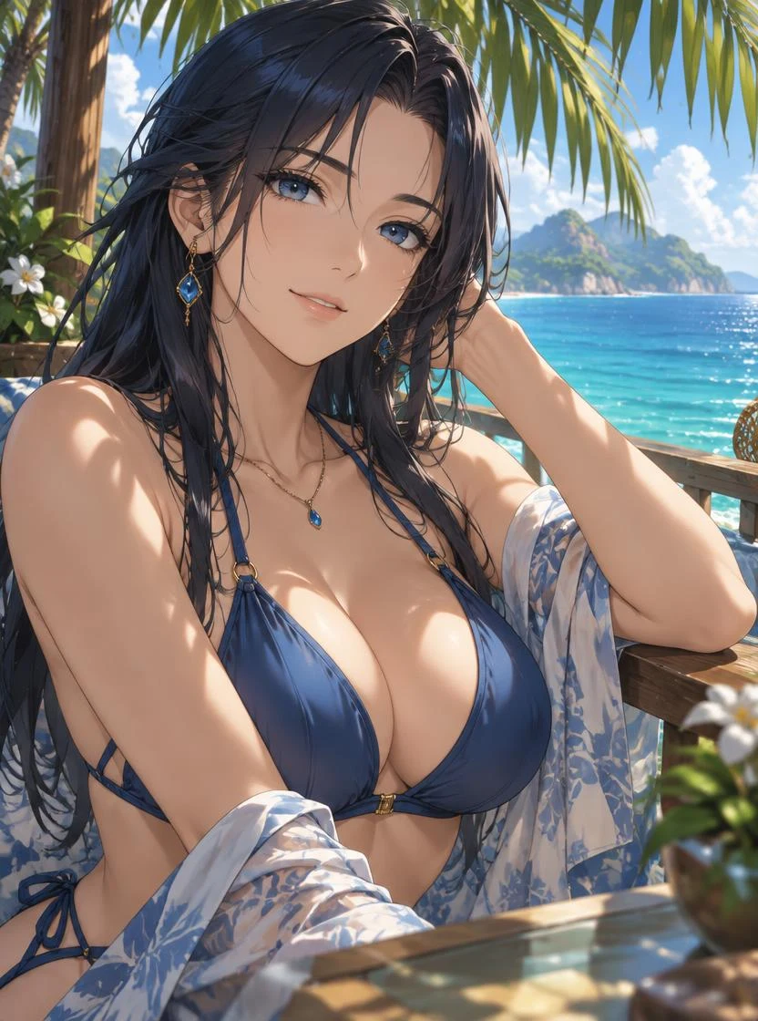 Yuki, a fictional adult anime companion, at a tropical beach